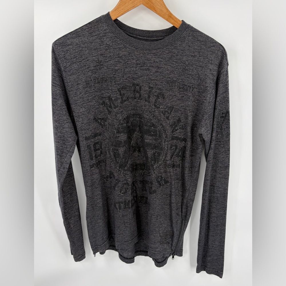 American Fighter mens long sleeve dark gray graphic shirt with side zippers sz S